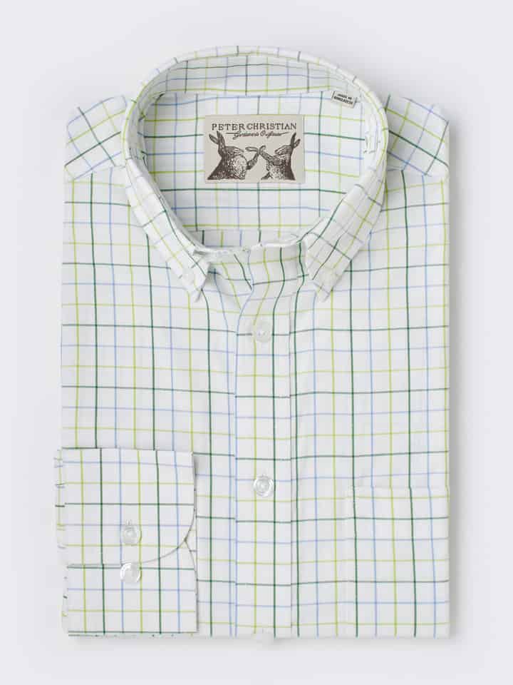 Men's Green and White Button Down Collar Checked Cotton Shirt